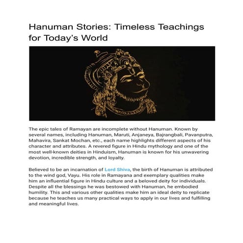 HANUMAN STORIES: TIMELESS TEACHINGS FOR TODAY’S WORLD | PDF