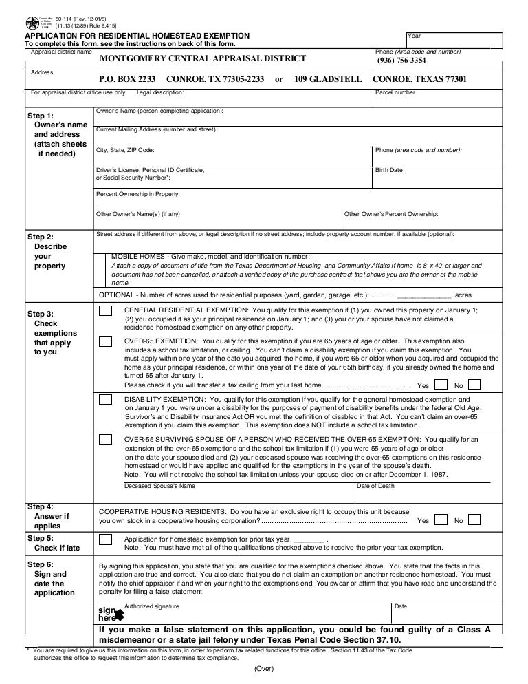 Homestead Exemption Application Montgomery County TX