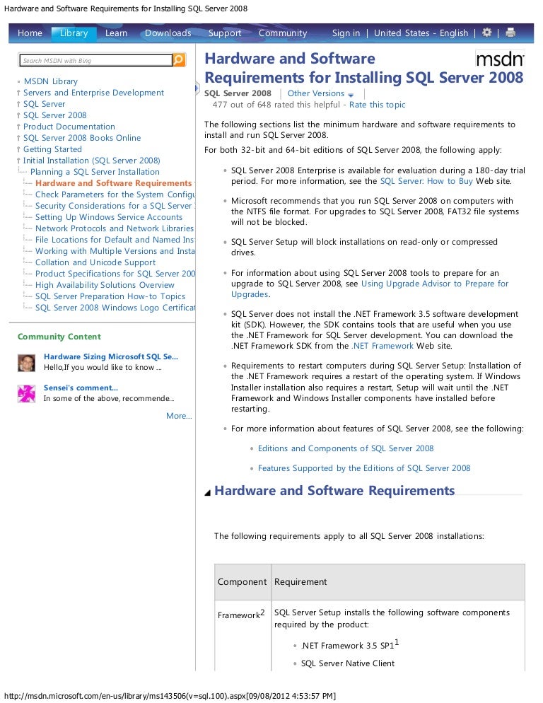 Hardware and software requirements for installing sql server 2008