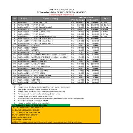 Harga Sewa Tenda Kemping Jabodetabek | PDF