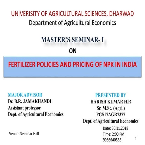 Fertilizer policies and pricing of NPK in India