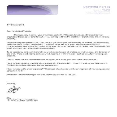 Harriet and victoria feedbck letter