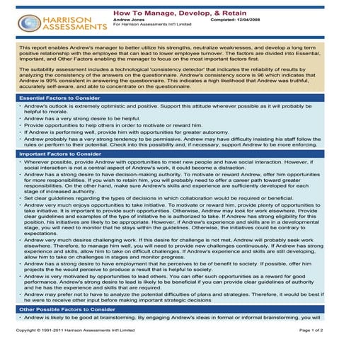 Harrison Assessments Sample Report How To Manage Develop and Retain