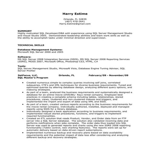 Harry SQL Professional Resume