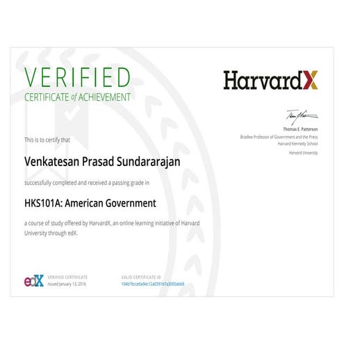 Harvard x   HKS American Government cert VPS 2016