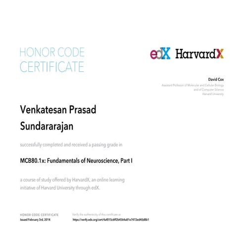 HarvardX certificate  - Fundamentals of Neuroscience part 1 2014 VPS