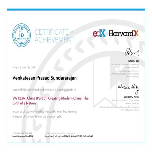 HarvardX Certificate - SW12.8 Creating Modern China - VPS 2014