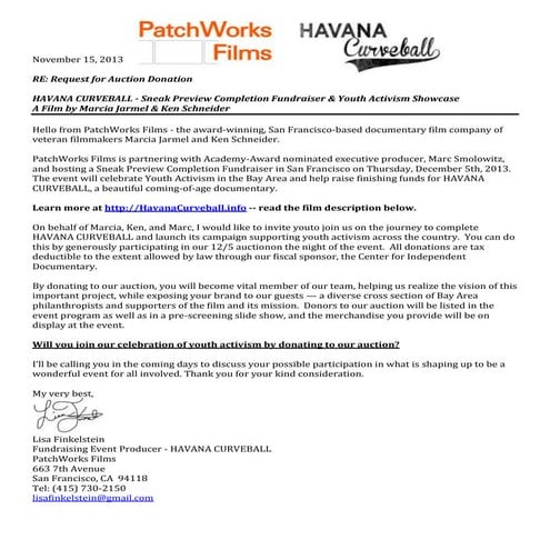 PatchWorks Films Havana Curveball Auction Request Letter