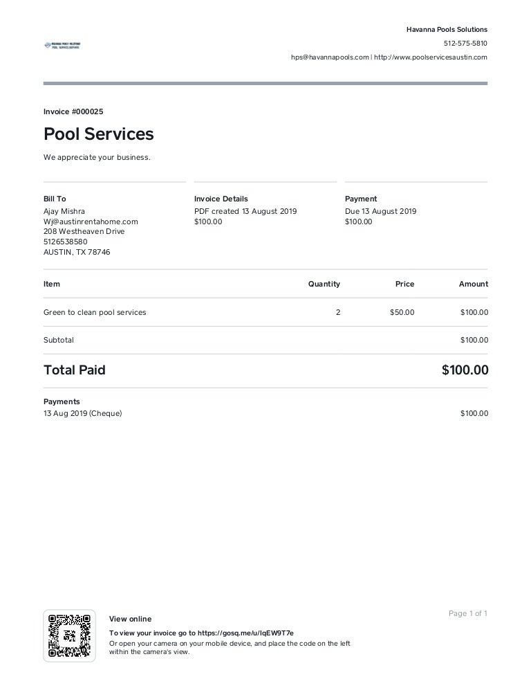 Havana pools invoice $100 for pool service august 14, 2019