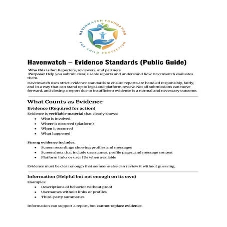 Havenwatch Foundation – Evidence Standards (Public Guide) | PDF