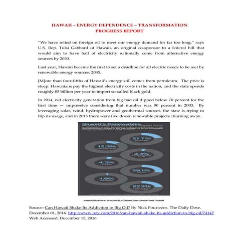 Hawaii - 100 percent Clean Energy - Progress Report by Island - December 2016