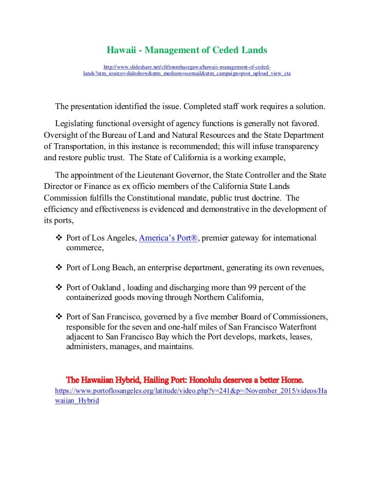 Hawaii Sovereign Ceded Lands Better Leadersip and Management A…