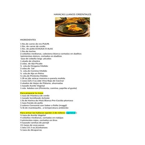 HAYACAS LLANOS ORIENTALES.COCINA COLOMBIANA | DOCX