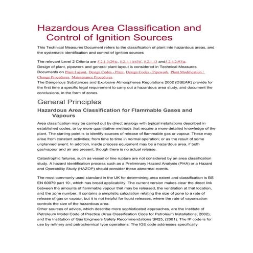 Hazardous area classification and control of ignition sources