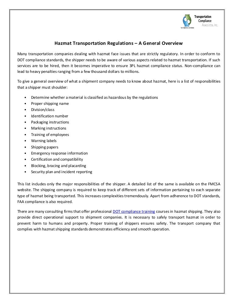 Hazmat Transportation Regulations A General Overview