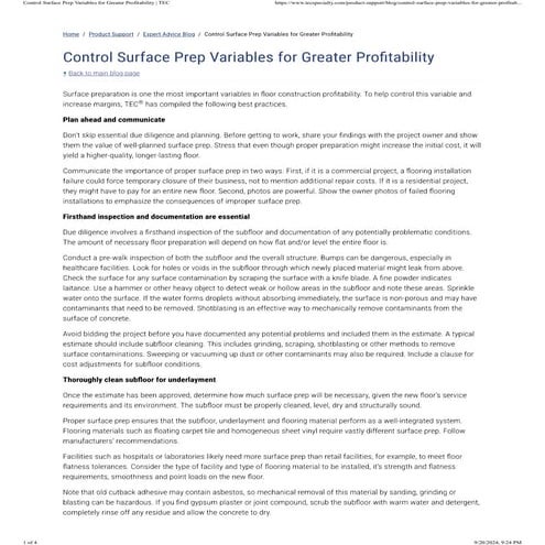TEC Specialty Products Blog Post - Controlling Floor Surface Prep Variables