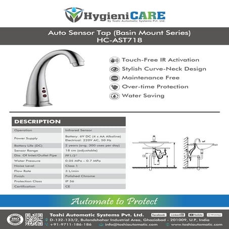Automatic Sensor Tap (HC-AST718) TOSHIAUTOMATIC's HygieniCARE | PDF