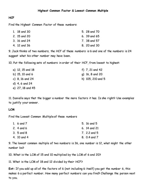 Hcf &amp; lcm worksheet