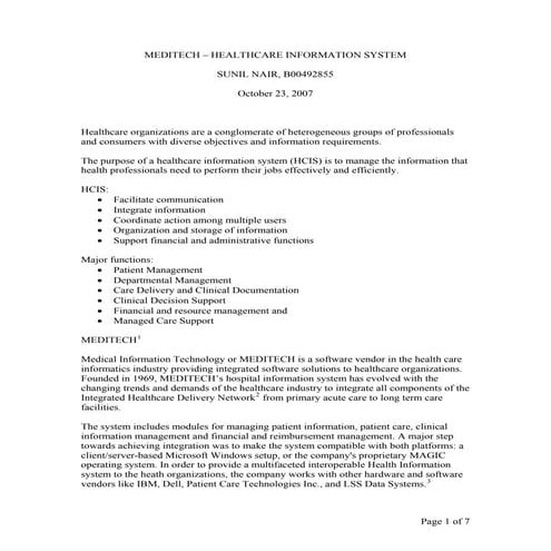 Meditech - Healthcare Information System - Sunil Nair Health Informatics Dalh...