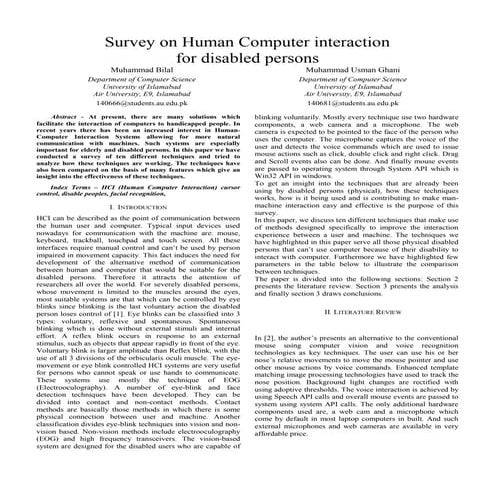 Survey on Human Computer interaction  for disabled persons 