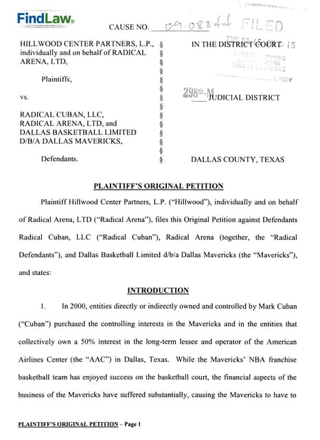 FindLaw | Hillwood Center Partners Sues Mark Cuban-Controlled Companies