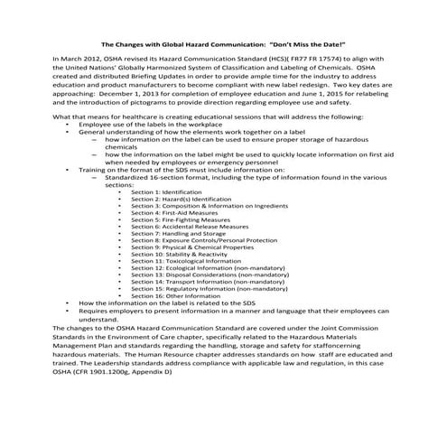 The Changes with Global Hazard Communication:  “Don’t Miss the Date!”