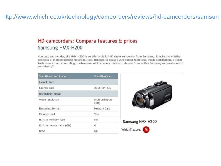 HD camcorders Compare features & prices Samsung HMXH200