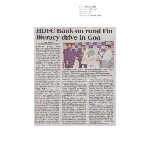 HDFC Bank on rural fin literacy drive in Goa | PDF