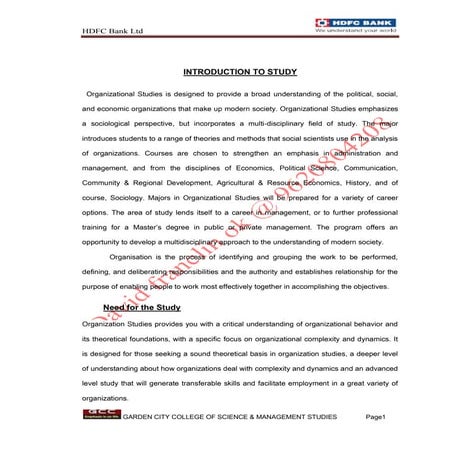 An  Organizational study  At HDFC Bank