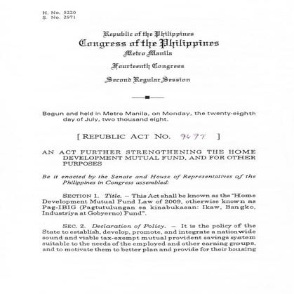 HDMF Law '09 or PagIBIG Law | PDF