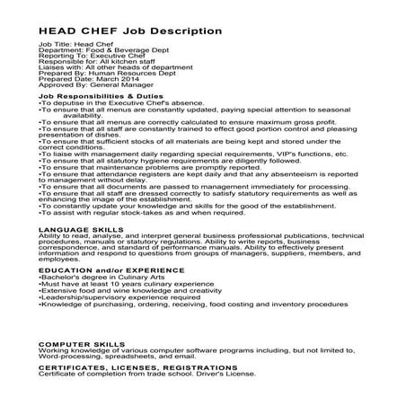 Head Chef Job Description