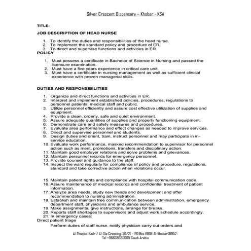 Head nurse job description