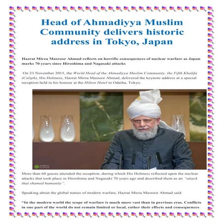 Head of ahmadiyya muslim community delivers historic address in tokyo