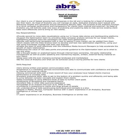 Head of Analytics job in London from abrs