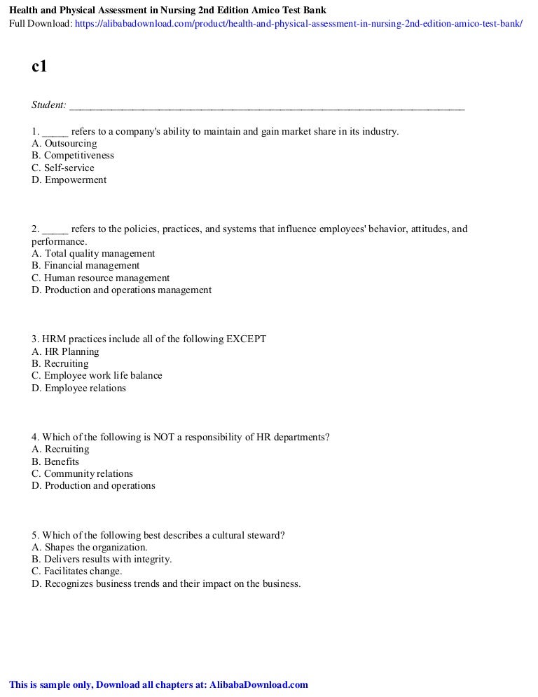 Health And Physical Assessment In Nursing 2nd Edition Amico Test Bank