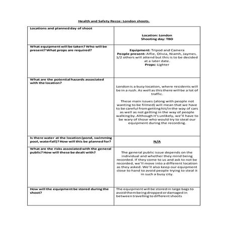 A2 Media Studies: Health and safety recce 2