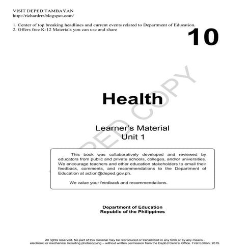 Grade 10 Health Unit 1 | PDF