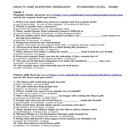 Health and sleeping webquest standard