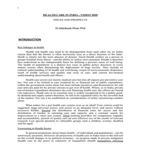 Health care in india   vision 2020 by Dr.Mahboob Khan Phd