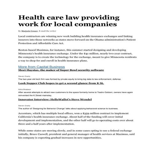 Health care law providing work for local companies - hCentive news