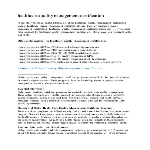 Healthcare quality management certification