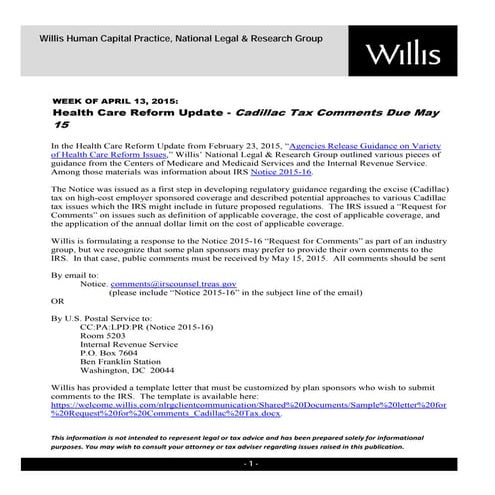 Health Care Reform Developments Week of April 13, 2015