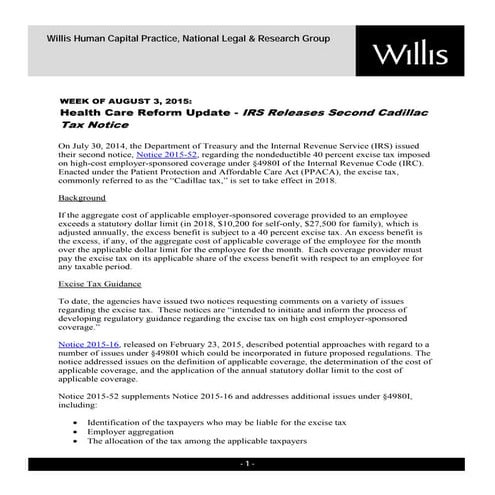 Health Care Reform Developments Week of August 3, 2015