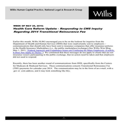 Health Care Reform Developments Week of May 25, 2015[1]