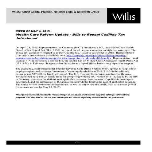 Health Care Reform Developments Week of May 4, 2015