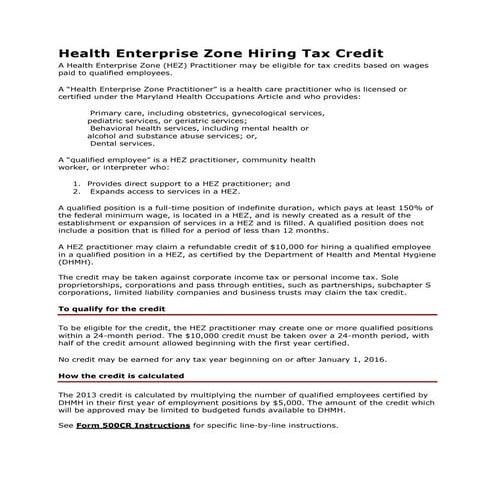 Health Enterprise Zone Hiring Tax Credit