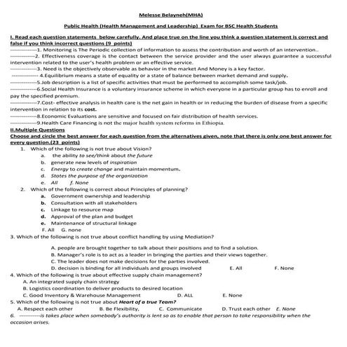 Melesse Belayneh: Health system management exam | PDF
