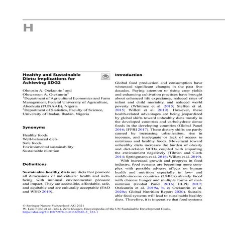 Healthy and Sustainable Diets: Implications for Achieving SDG2