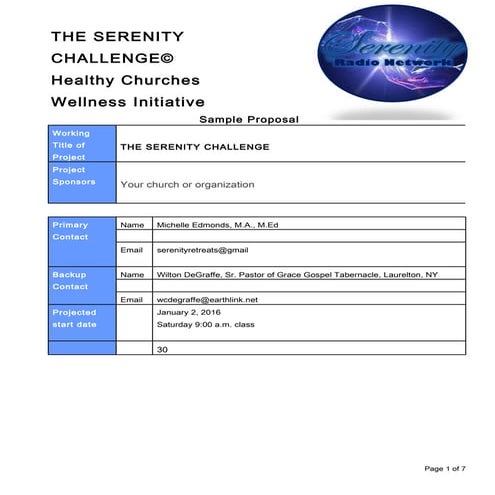 Healthy Churches Now ~ Wellness Program:  PROPOSAL