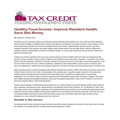 Healthy Food Access: Improve Resident Health, Save Site Money